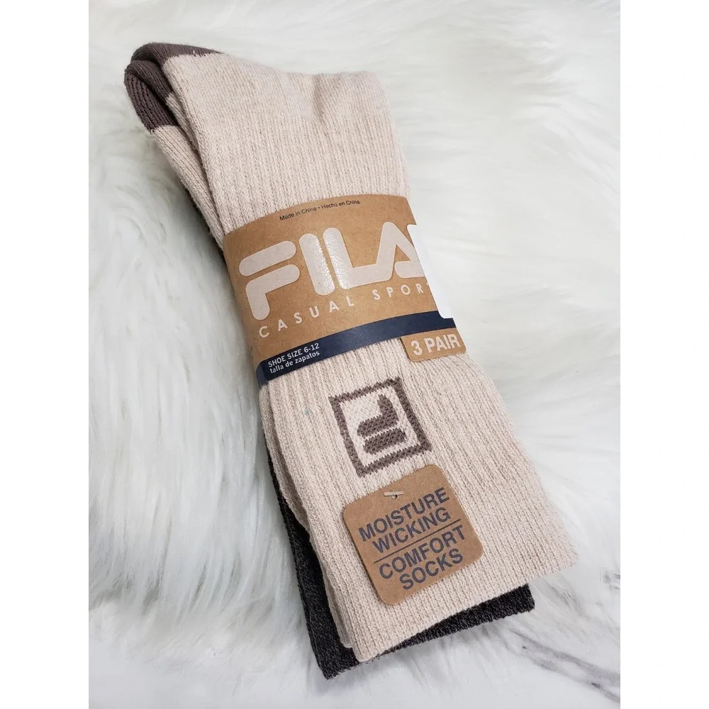 NEW FILA 3 PACK NEUTRAL CREW CUT SPORT SOCKS MOISTURE WICKING 6-12 MEN TAN BROWN
